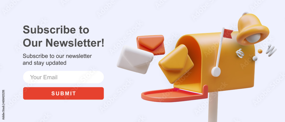 Aufkleber opened 3d mailbox. bright color subscription design template. banner with elements in cartoon style.