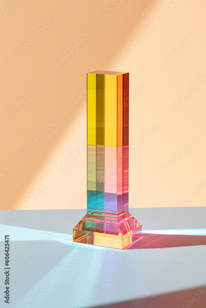 Poster A minimalist photograph of sunlight passing through a glass prism, creating a spectrum of colors and representing the transformation and dispersion of clear energy. Generative AI technology.