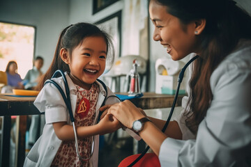 A child looks happy to meet a caregiver, smile girl meeting doctor - obrazy, fototapety, plakaty