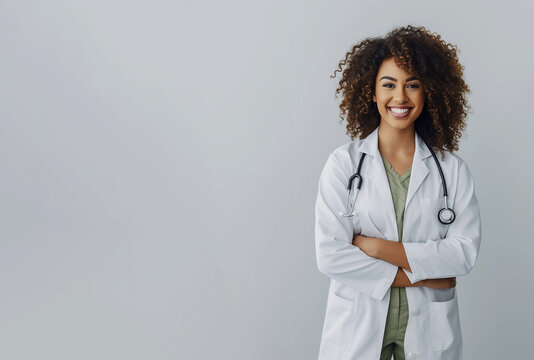 A beautiful afro-american happy doctor in medical uniform wear, generative ai