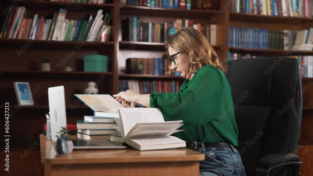 Poster the girl is sitting at a table with a lot of books on it. she is deeply engrossed, opening one book 