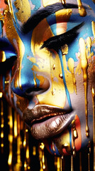 a woman's face glows, adorned with vibrant metallic paint. The colors drip down her skin, creating a lively dance of contrast. Her face, a living canvas. Generative AI