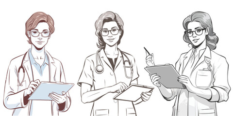 Woman doctor holding a clipboard, Young cartoon doctor with vector illustration, Medical concept