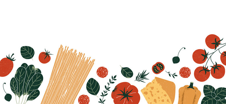Pasta and tomatoes with garlic and basil. Textured illustration. Italian food horizontal banner. 
