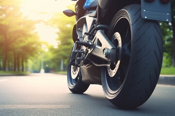 Rear wheel of sports motorcycle on road, Motorbike parked on a street, Freedom and travel concept