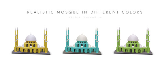 Set of 3D mosques in different colors. Isolated modern icons on architectural theme. Historical monuments of world. Muslim mausoleum. Collection of vector realistic mosques on white background