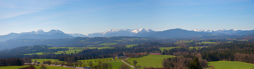 wide panorama landscape, view from Irschenberg to bavarian alps