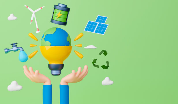 3d rendering concept environment and energy conservation. Raising hands with earth on light bulb, faucet, wind turbine, battery, solar panels and recycle symbol on light green background.