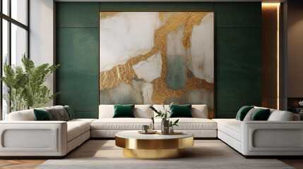 Luxury space with a green wall and large frame, Generative AI