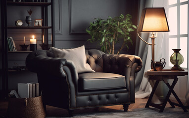modern dark - toned living room featuring an ivory armchair, Generative AI