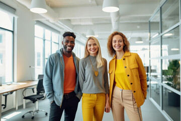 Fototapeta premium Multi-ethnic group of executive workers standing facing the camera in a coworking space