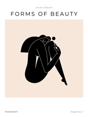 Contemporary abstract poster. Nude female body, woman silhouette, minimalist modern graphic, feminine design. Femininity aesthetic, Mid century beauty concept for print wall decor. Vector illustration - 606428283