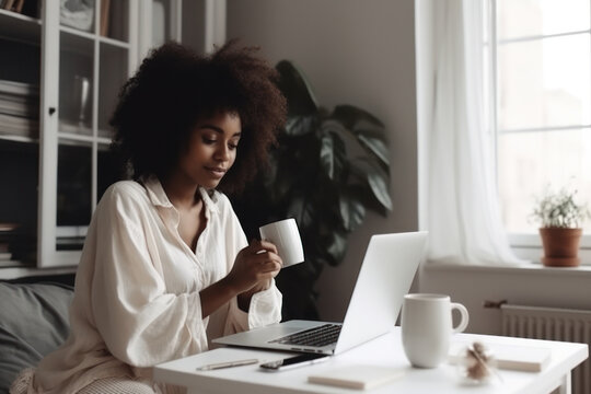 Afro woman seated holding a cup of coffee while teleworking
