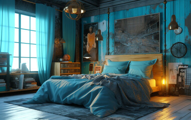 interior of a bedroom eclectic cyan bedroom with mix of vintage and modern decor, Generative AI	