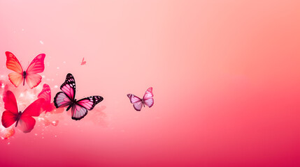 Obraz na płótnie Canvas Beautiful butterflies fly on pastel pink background with copy space. AI generative