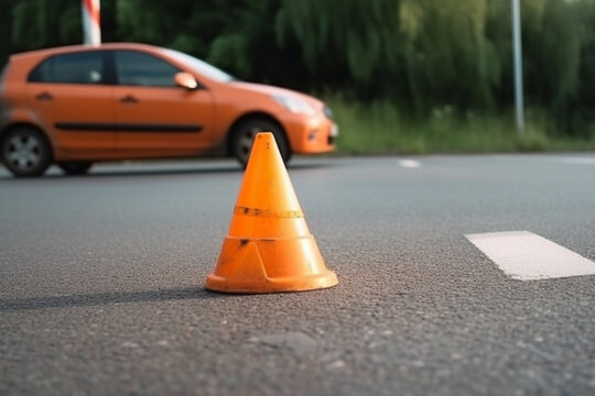 road cone against the background of a car broken in a road accident, Selective focus