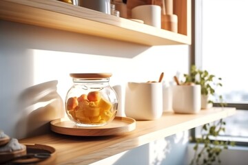 Fototapeta na wymiar Sleek Luxury Kitchen: Wooden Shelves, Glass Jars, and Ceramic Delights, Generated Ai