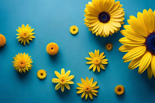 Top view, Yellow daisy head on blue background, flat lay
