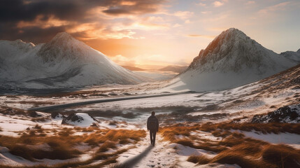 Man standing in the middle of snowy mountains at morning, Generative Ai