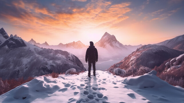 Man standing in the middle of snowy mountains at morning, Generative Ai
