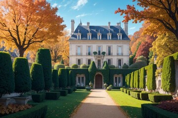 Illustration of a Renaissance architecture style French Castle in a French Garden on a beautiful autumn day - Generative AI 