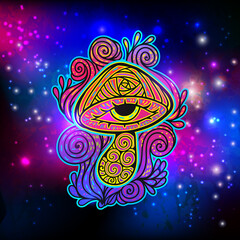 Magic Mushrooms. Psychedelic poster.Vector illustration. Zen boho art. Space, Galaxy, Mystic background. Decorative mushrooms, hippie, neon hallucination psilocybin 60s 70s