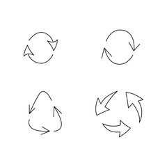 A small set of four recycling arrows. Doodle black and white vector illustration.