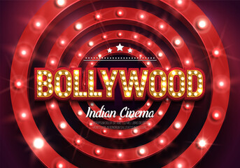 Bollywood indian cinema. Movie banner or poster with retro billboard. Vector illustration.