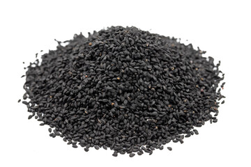 Black cumin or nigella sativa isolated on white background. Pile of black cumin seeds. Kalonji, nigella, black cumin. Close up