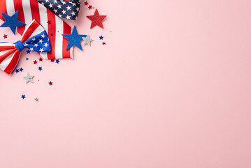 Embrace the patriotic fervor of Independence Day with a captivating top view arrangement: glitter stars, confetti, necktie, bow-tie against a pastel pink backdrop. Perfect for adding text or adverts