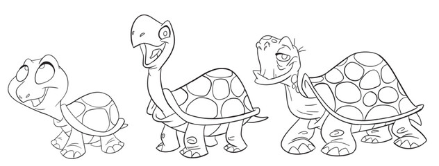 Vector set of cartoon style turtles . Animal character illustration for children. Hand drawn line drawings of funny Turtles. Big collection of turtles for kids, coloring.