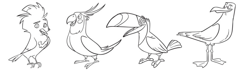 Vector set of cartoon style birds . Animal character illustration for children. Hand drawn line drawings of funny Birds. Big collection of Birds for kids, coloring.