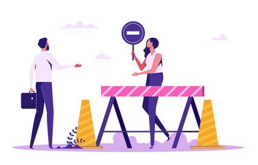 Woman with traffic cone, road safety barrier. Concept of website under construction, error 404, restricted access, repairing services, street maintenance
