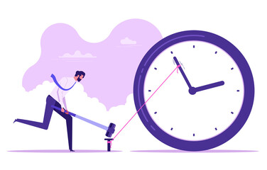 Man holding a hammer in hand drives a nail to stop time. Creative deadline solution. Time management, control business time or work deadline concept