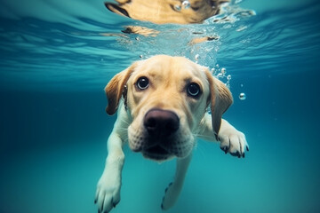 Underwater funny photo ofGolden labrador retriever puppy in swimming pool play with fun - jumping diving deep down, Actions training games with family pets and popular dog breeds on summer vacation