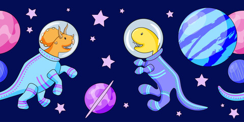 Naklejka premium Colorful seamless border with dinosaurs astronauts, planets and stars on dark blue background. Cartoon vector illustration.