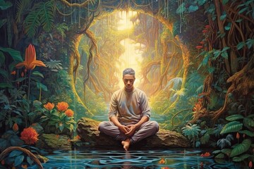 golden meditative buddha in pure land, illustration, generative ai - obrazy, fototapety, plakaty