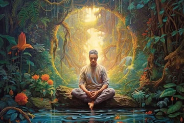 Foto op Canvas golden meditative buddha in pure land, illustration, generative ai © VenDigitalArt