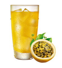 copo de suco de maracujá com pedras de gelo e fruta maracujá cortada isolado em fundo transparente