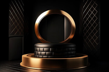 Luxury gold black cylinder modern product showcase in dark studio room with round circle shape and sparkles background, created with Generative AI technology