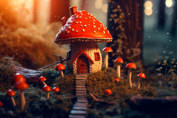 Fairy house made of Amanita muscaria in a forest.AI generated