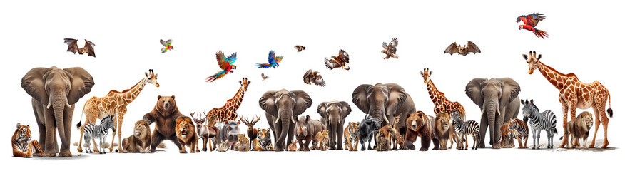 
Many wild animals, elephants, zebras, giraffes, birds, tigers, lions, rhinos, tigers, leopards on a transparent background (PNG). Generative AI.