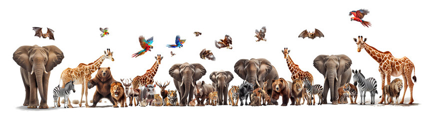 Obraz na płótnie Canvas Many wild animals, elephants, zebras, giraffes, birds, tigers, lions, rhinos, tigers, leopards on a transparent background (PNG). Generative AI.