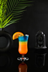 Drink on Black Deep Background with Leaf Decoration