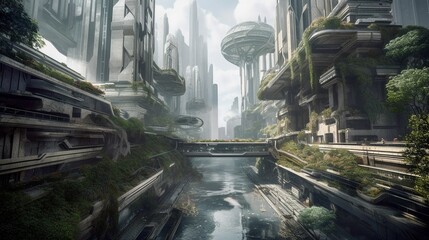 Fantasy landscape of a green city. Generative AI.