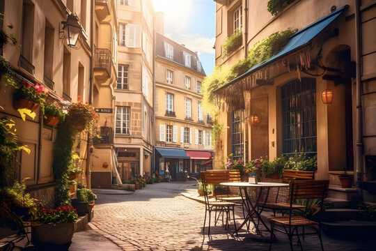 Fototapeta France street-side cafes, or locals enjoying a traditional meal with a backdrop of beautiful architecture ai generated art Generative AI