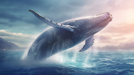 Blue whale fish jumping out of ocean water Generative AI