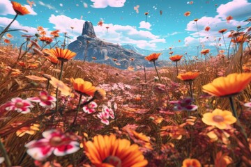 Obraz na płótnie Canvas Flying petals adorn a beautiful flower field. (Generative AI)