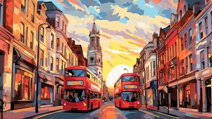Fototapeta na wymiar Double decker buses on city street in London painted. (Generative AI)