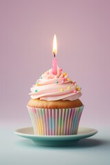 Pastel colorful birthday cake with candles. Generated AI.